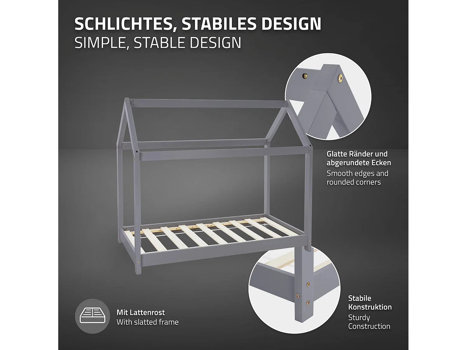 ML-Design Letto per bambini a forma di casa con tetto 70x140 cm grigio in pino massiccio con rete a doghe e materasso sfoderabile in schiuma fredda