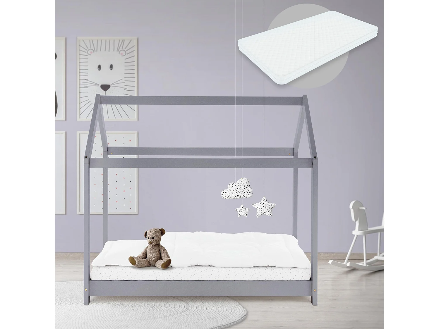 Lit d'enfants 70x140 cm gris clair forme de maison en bois de pin massif avec matelas housse amovible lavable sommier à lattes pour filles garçons