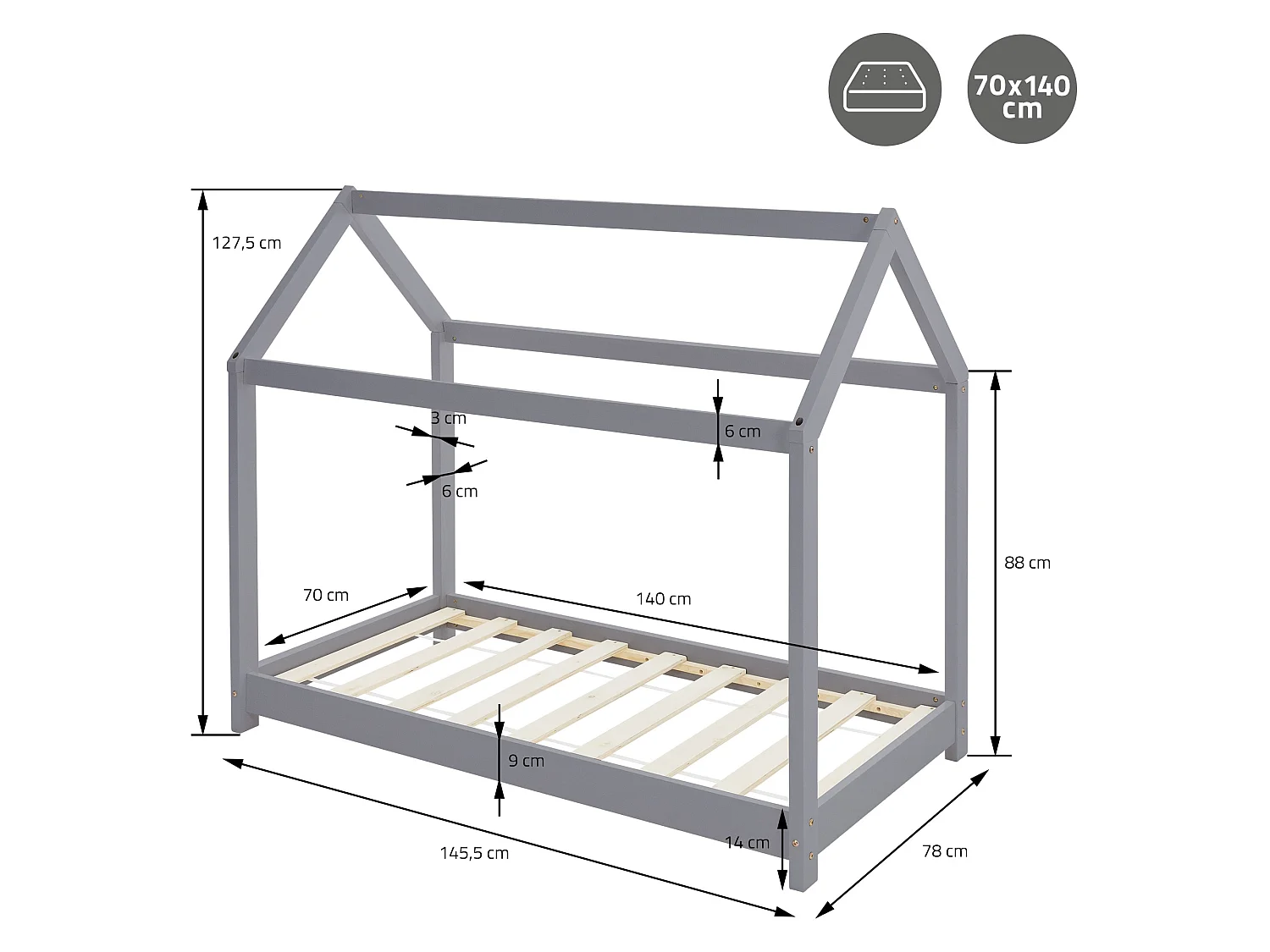 Lit d'enfants 70x140 cm gris clair forme de maison en bois de pin massif avec matelas housse amovible lavable sommier à lattes pour filles garçons