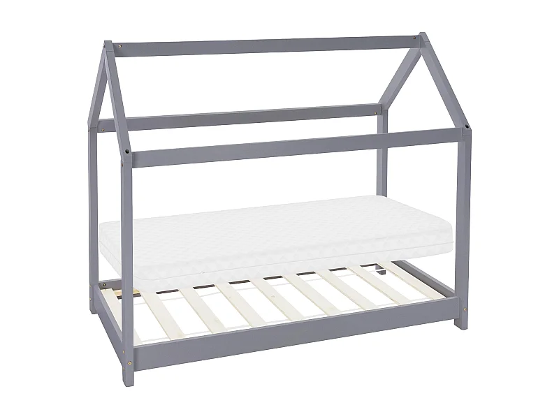 Lit d'enfants 70x140 cm gris clair forme de maison en bois de pin massif avec matelas housse amovible lavable sommier à lattes pour filles garçons