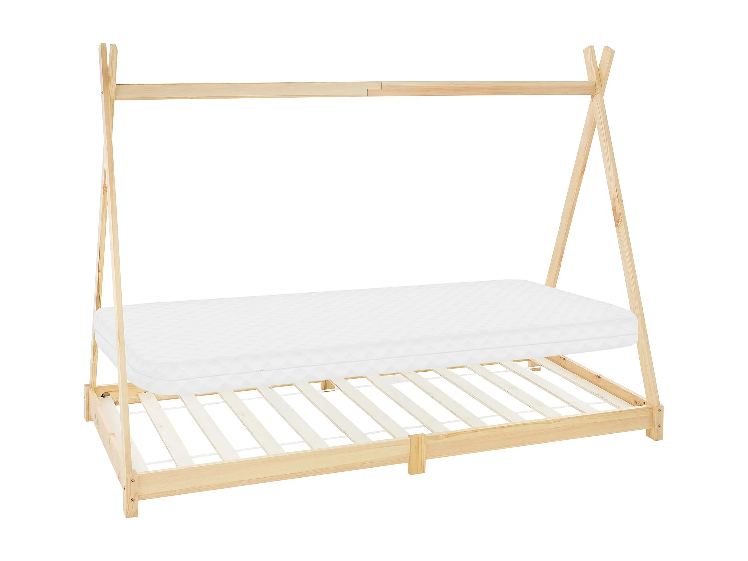 Lit d'enfants Tipi 90x200 cm naturel cadre style indien en bois de pin massif matelas H:10 cm hypoallergénique housse amovible et sommier à lattes