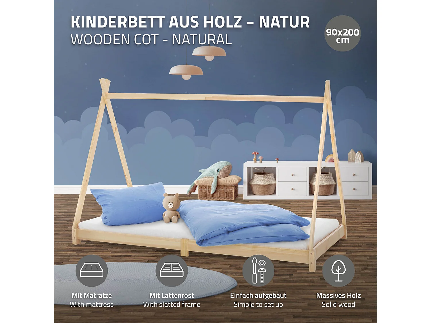 Lit d'enfants Tipi 90x200 cm naturel cadre style indien en bois de pin massif matelas H:10 cm hypoallergénique housse amovible et sommier à lattes