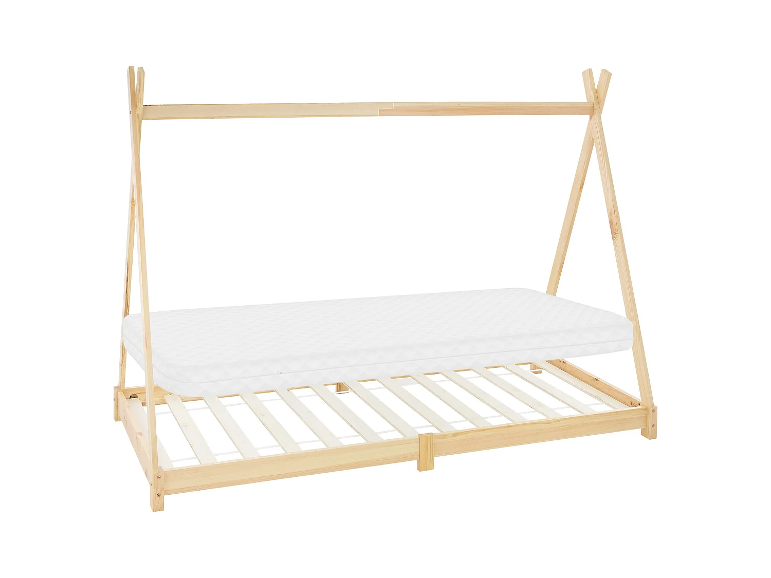 Lit d'enfants Tipi 90x200 cm naturel cadre style indien en bois de pin massif matelas H:10 cm hypoallergénique housse amovible et sommier à lattes