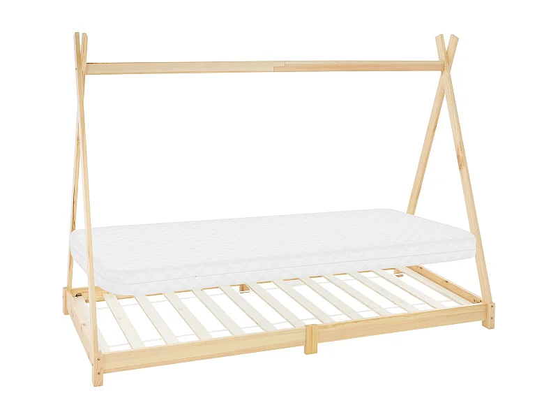 Lit d'enfants Tipi 90x200 cm naturel cadre style indien en bois de pin massif matelas H:10 cm hypoallergénique housse amovible et sommier à lattes