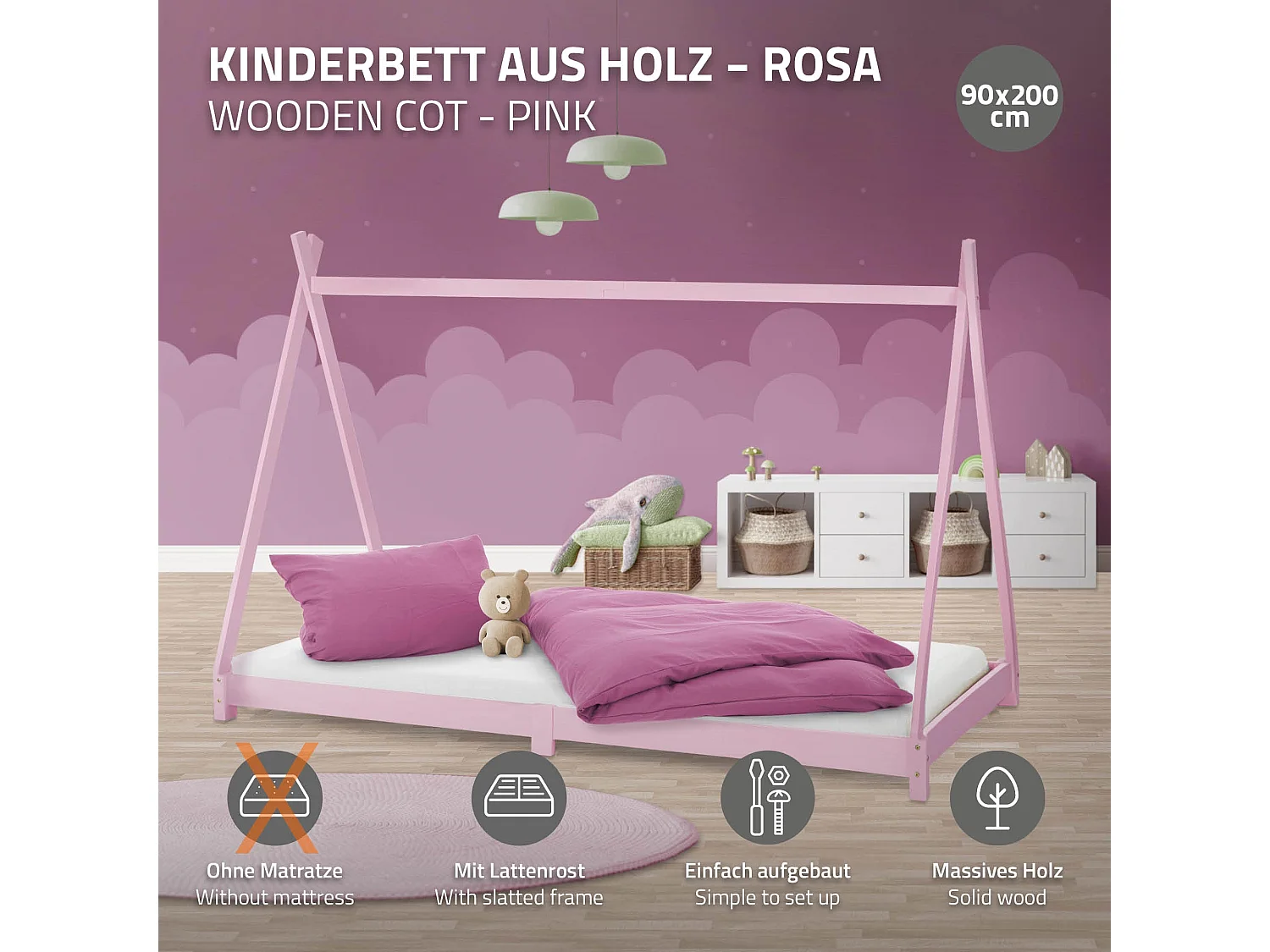 ML-Design Lettino per bambini design tepee 90x 200 cm letto basso a forma di tenda indiana, giroletto legno pino massiccio rosa per cameretta bimbi