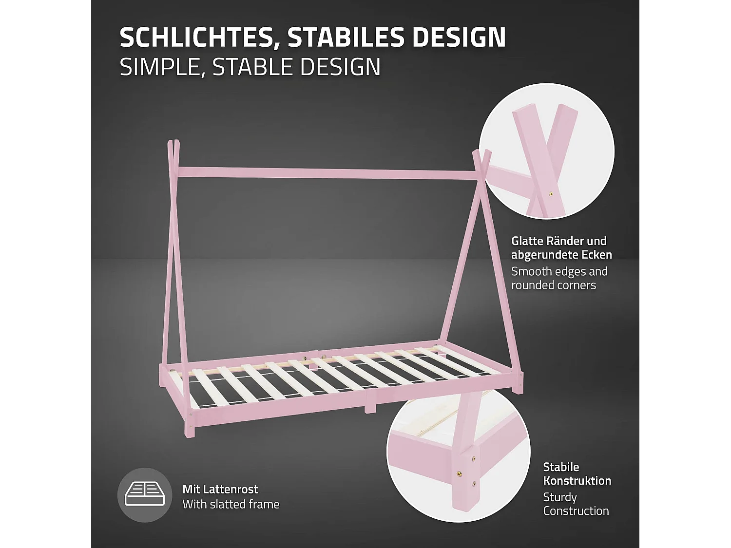 ML-Design Lettino per bambini design tepee 90x 200 cm letto basso a forma di tenda indiana, giroletto legno pino massiccio rosa per cameretta bimbi