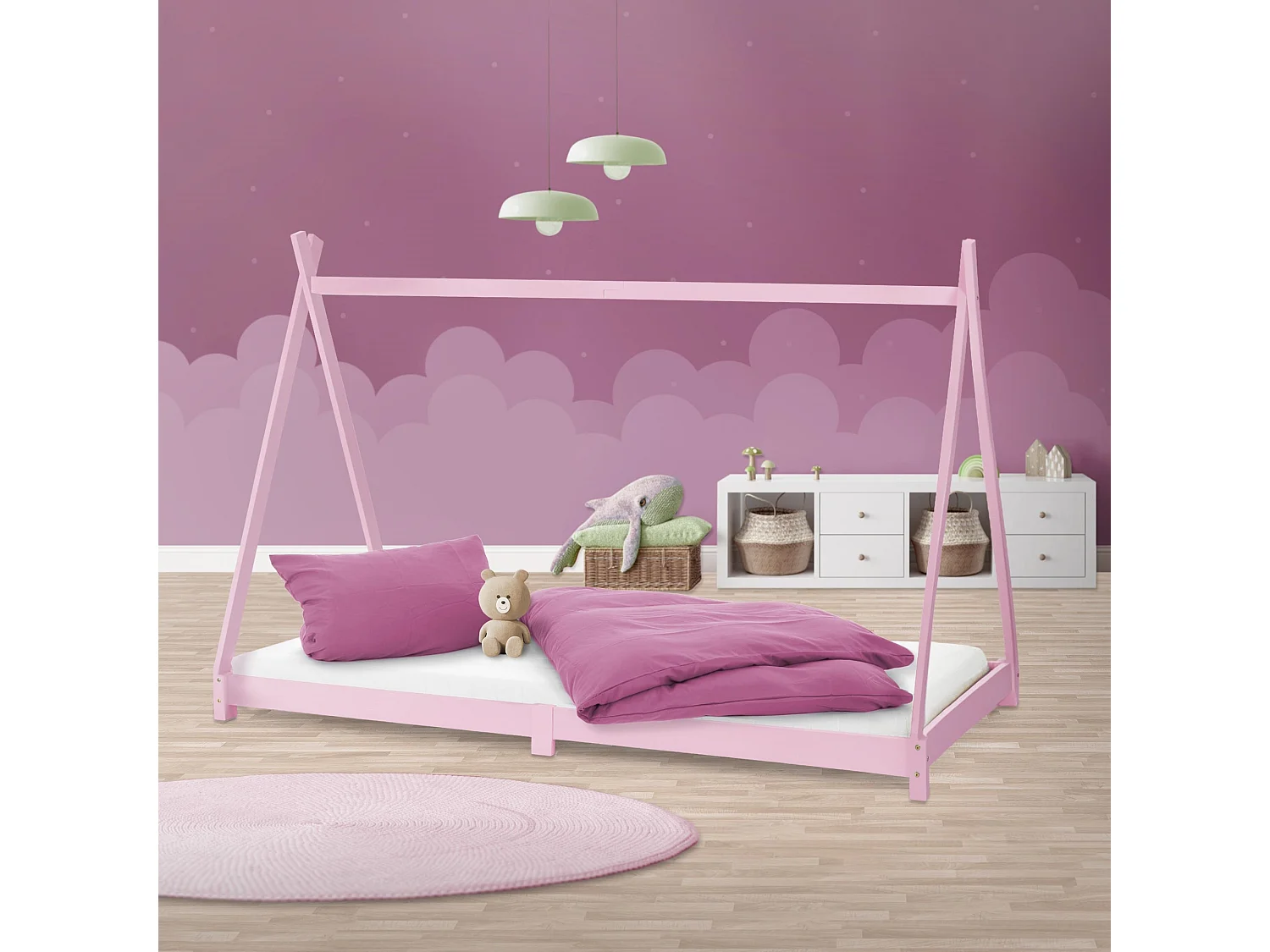 ML-Design Lettino per bambini design tepee 90x 200 cm letto basso a forma di tenda indiana, giroletto legno pino massiccio rosa per cameretta bimbi
