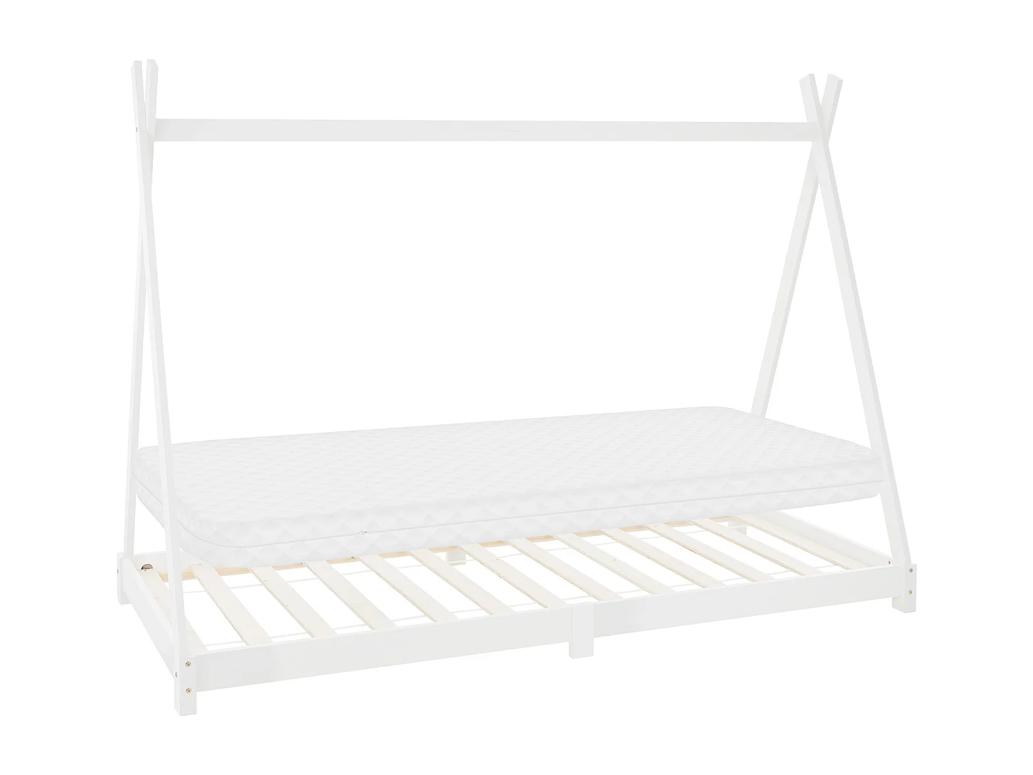 Lit d'enfants Tipi 90x200 cm blanc cadre style indien en bois de pin massif matelas H:10 cm hypoallergénique housse amovible et sommier à lattes