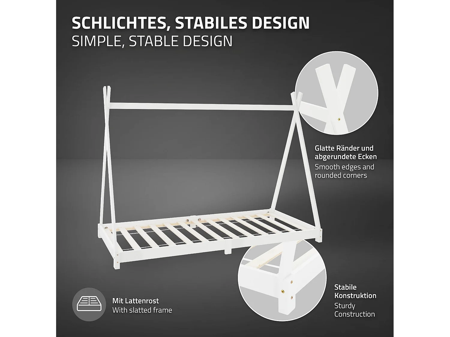Lit d'enfants Tipi 90x200 cm blanc cadre style indien en bois de pin massif matelas H:10 cm hypoallergénique housse amovible et sommier à lattes