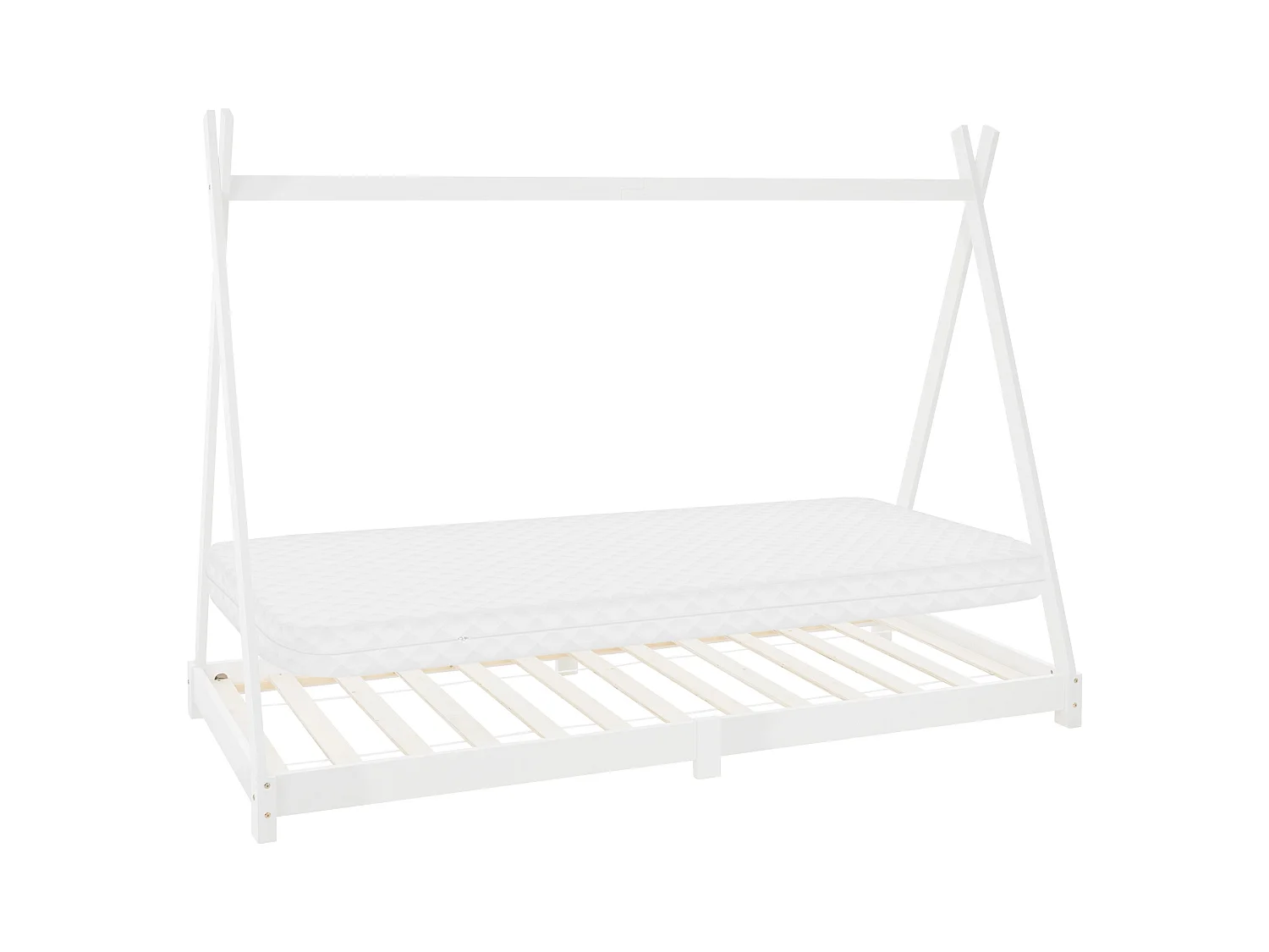 Lit d'enfants Tipi 90x200 cm blanc cadre style indien en bois de pin massif matelas H:10 cm hypoallergénique housse amovible et sommier à lattes