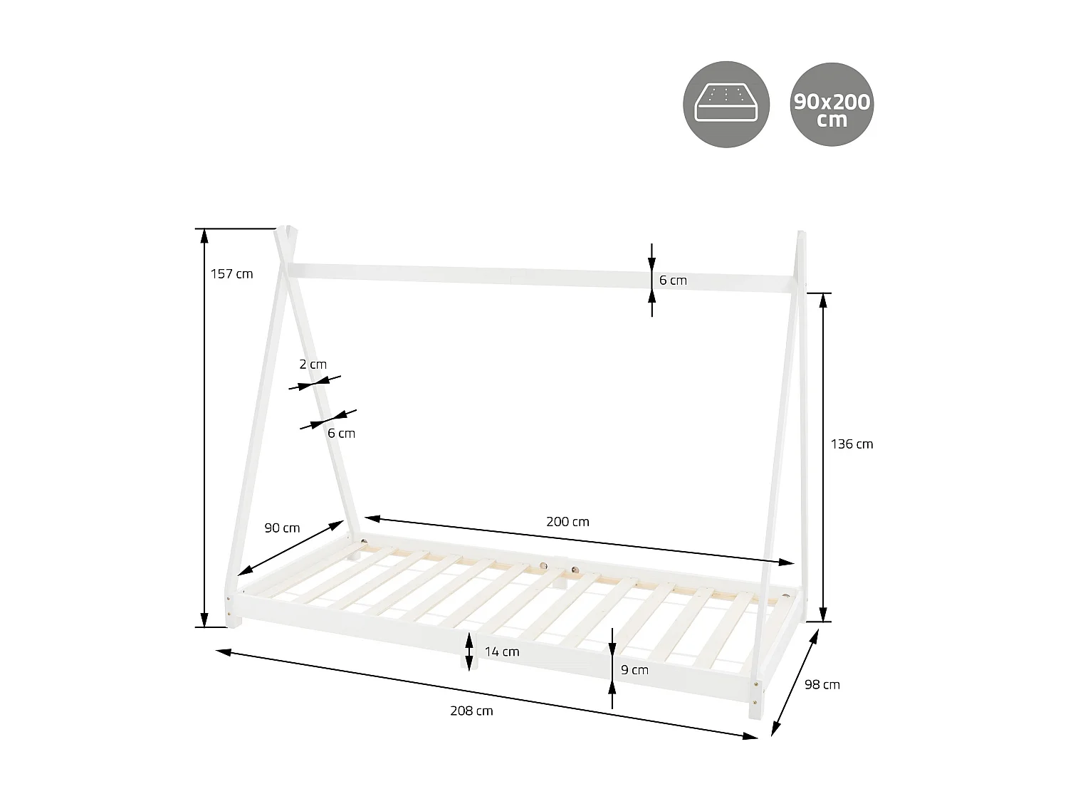 ML-Design Lettino tipi per bambini 90x200 cm bianco in pino massiccio con rete a doghe, materasso in schiuma fredda e design tenda stile montessori