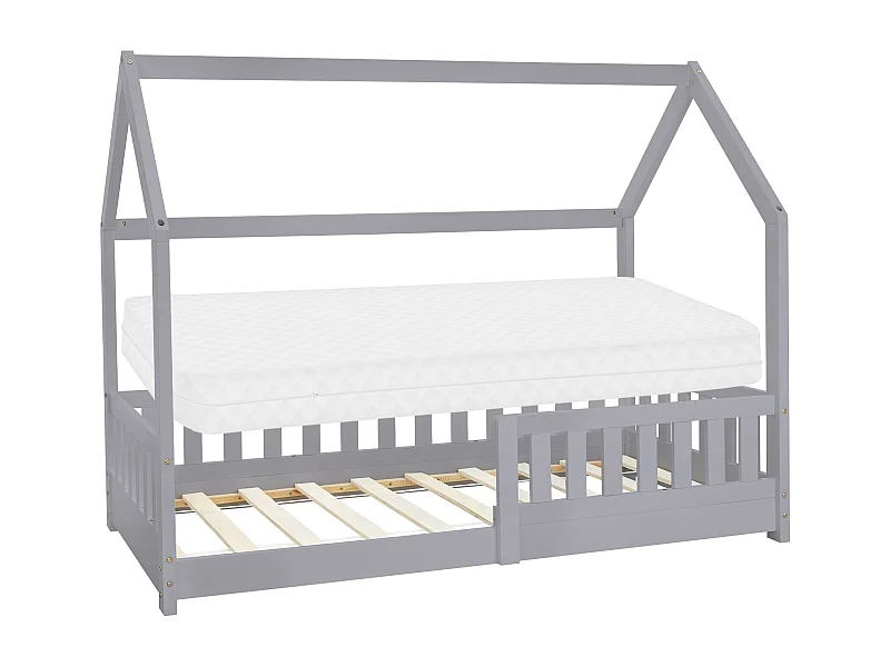 ML-Design Letto per bambini a forma di casa 80x 160 cm grigio in pino con sponde anticaduta rete a doghe e materasso in schiuma fredda letto singolo