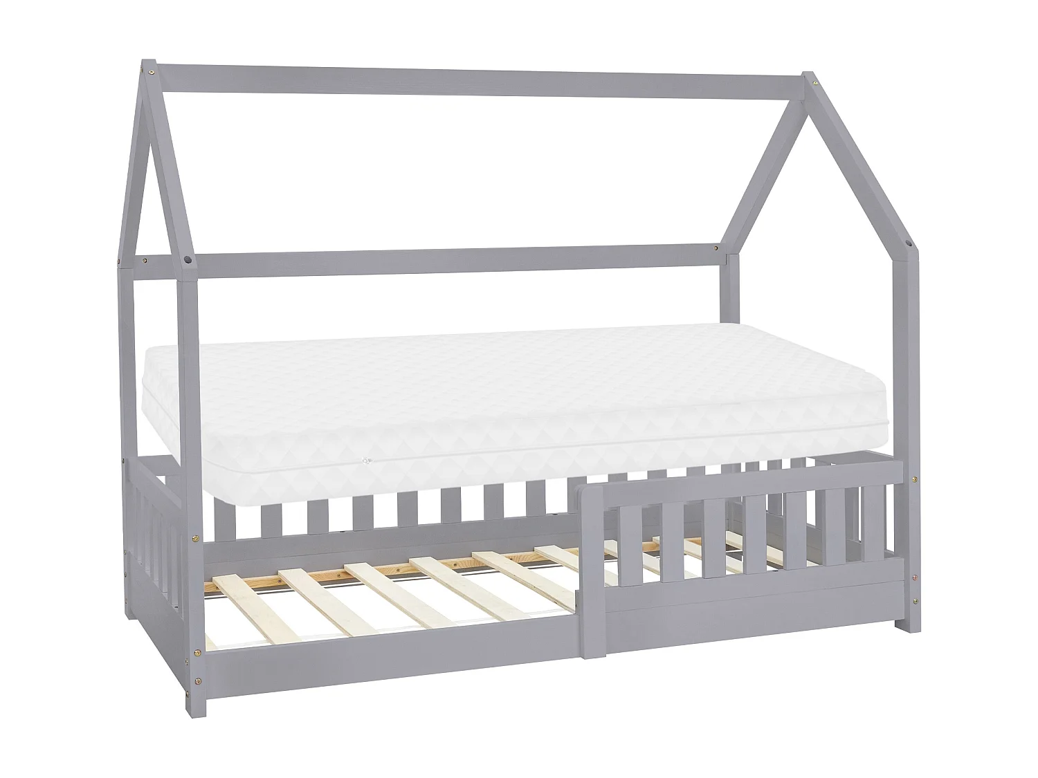 Lit d'enfants 80x160 cm gris clair forme de maison en bois de pin massif avec matelas housse amovible sommier à lattes anti-chute pour filles garçons