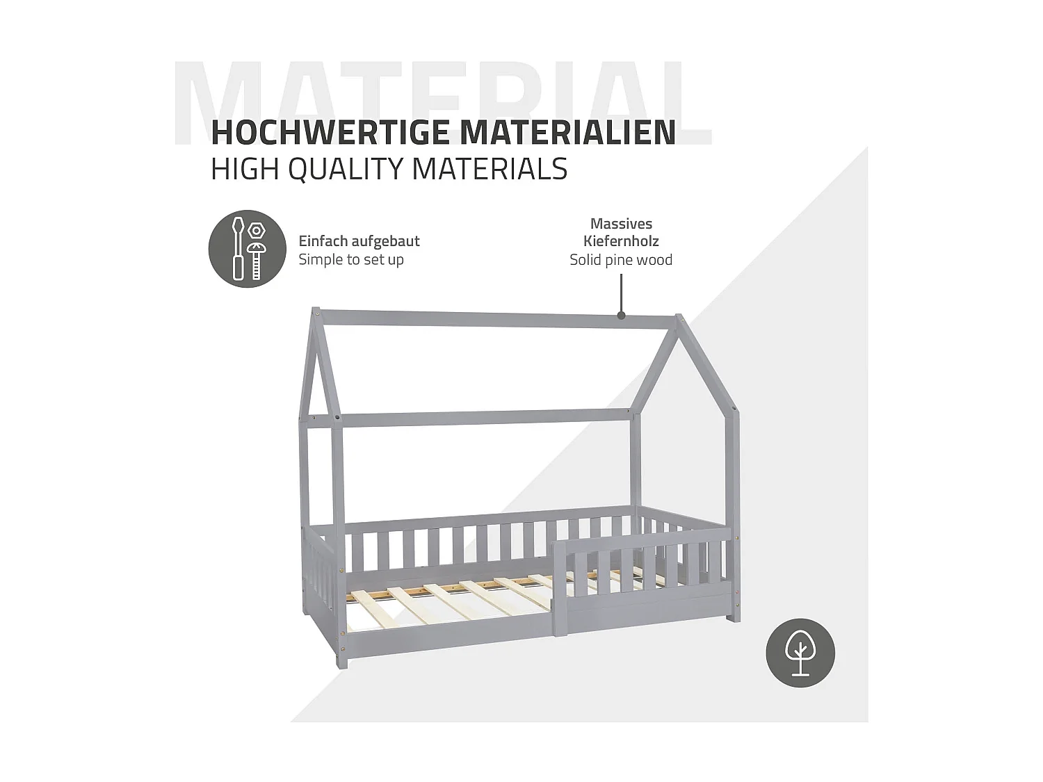 Lit d'enfants 80x160 cm gris clair forme de maison en bois de pin massif avec matelas housse amovible sommier à lattes anti-chute pour filles garçons