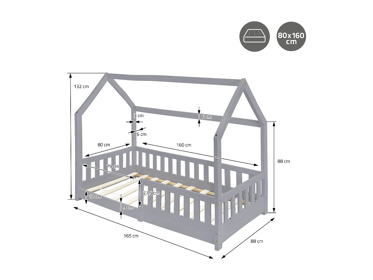 Lit d'enfants 80x160 cm gris clair forme de maison en bois de pin massif avec matelas housse amovible sommier à lattes anti-chute pour filles garçons