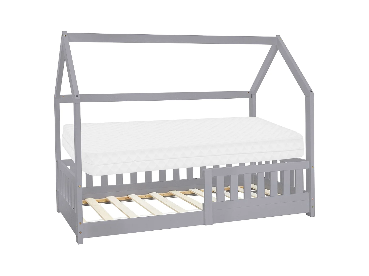 Lit d'enfants 80x160 cm gris clair forme de maison en bois de pin massif avec matelas housse amovible sommier à lattes anti-chute pour filles garçons
