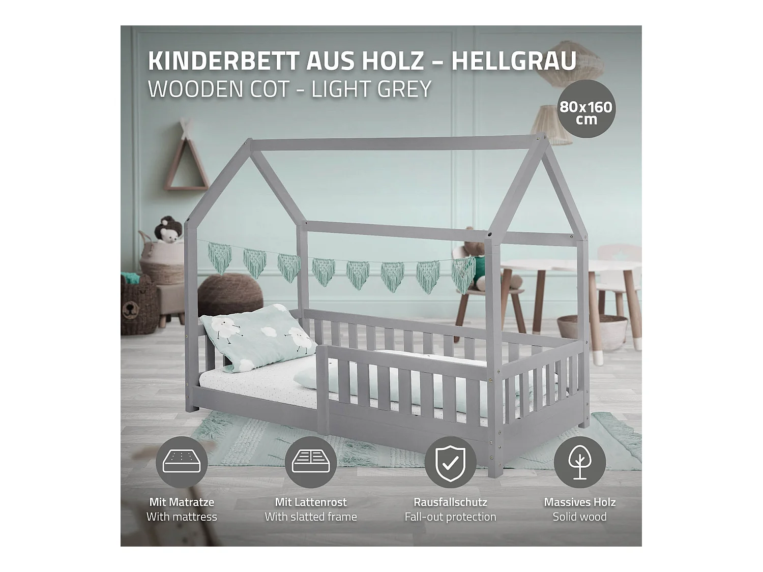 Lit d'enfants 80x160 cm gris clair forme de maison en bois de pin massif avec matelas housse amovible sommier à lattes anti-chute pour filles garçons