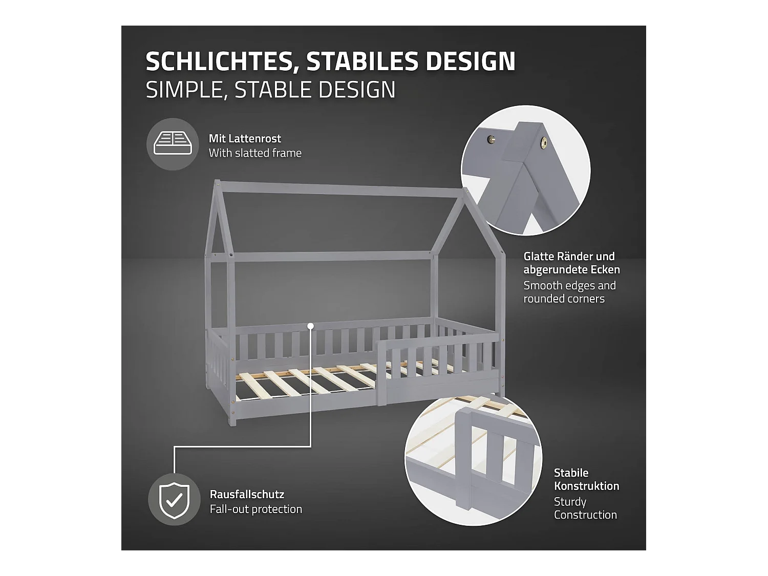 Lit d'enfants 80x160 cm gris clair forme de maison en bois de pin massif avec matelas housse amovible sommier à lattes anti-chute pour filles garçons