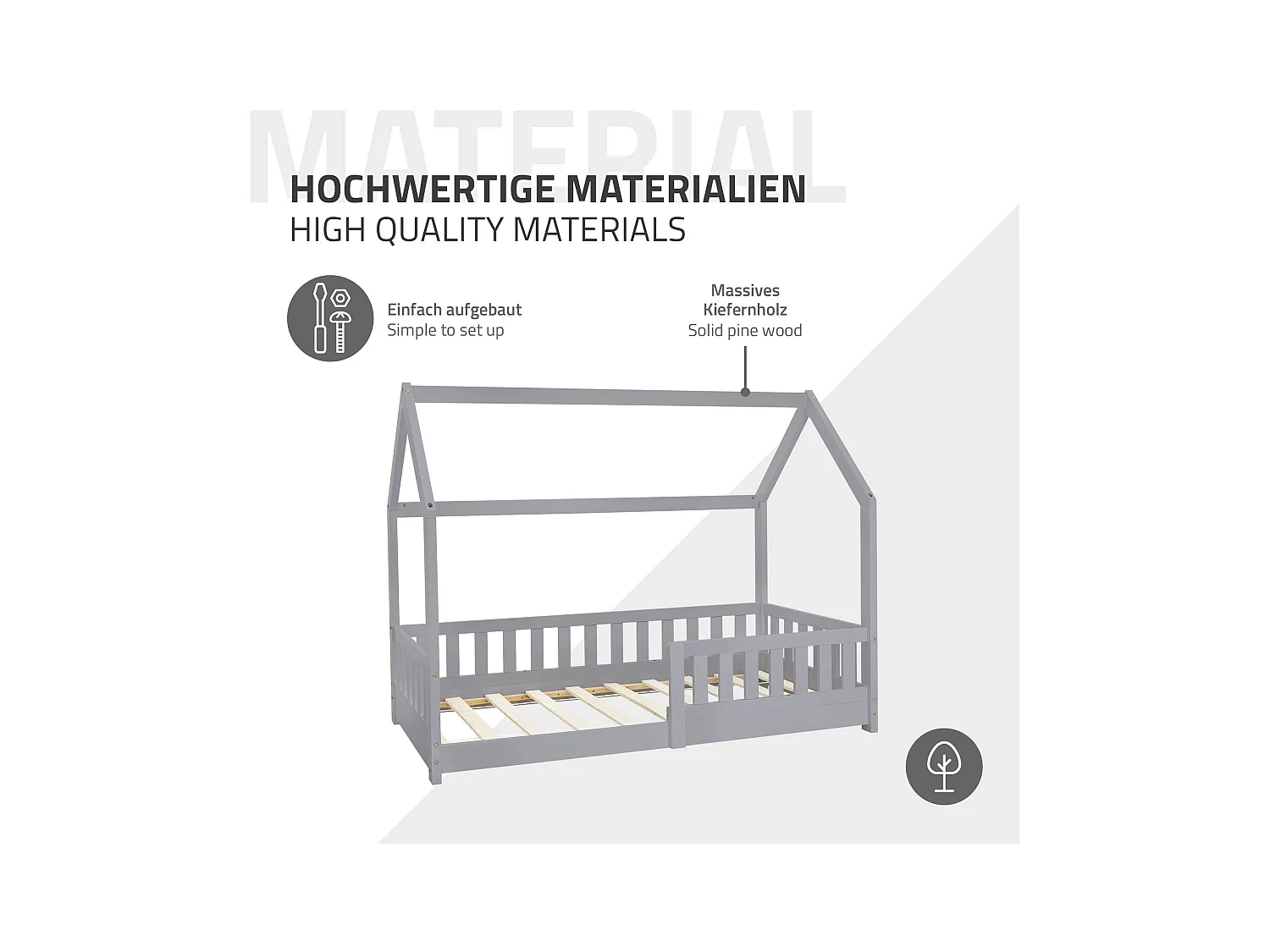 Lit d'enfants 80x160 cm gris clair forme de maison en bois de pin massif avec matelas housse amovible sommier à lattes anti-chute pour filles garçons