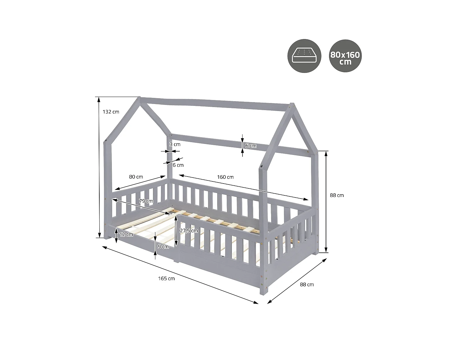 Lit d'enfants 80x160 cm gris clair forme de maison en bois de pin massif avec matelas housse amovible sommier à lattes anti-chute pour filles garçons