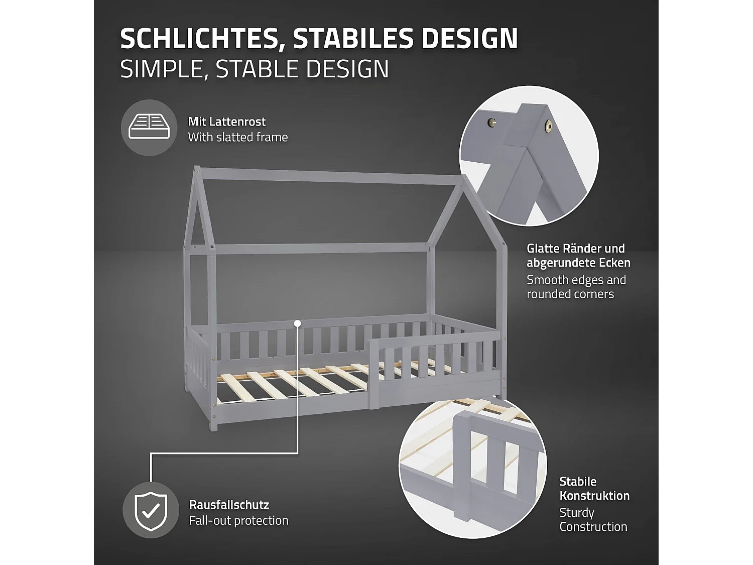 ML-Design Cama infantil 80x160 cm color gris claro con colchón de espuma fría y somier estructura de listones con techo forma de casa