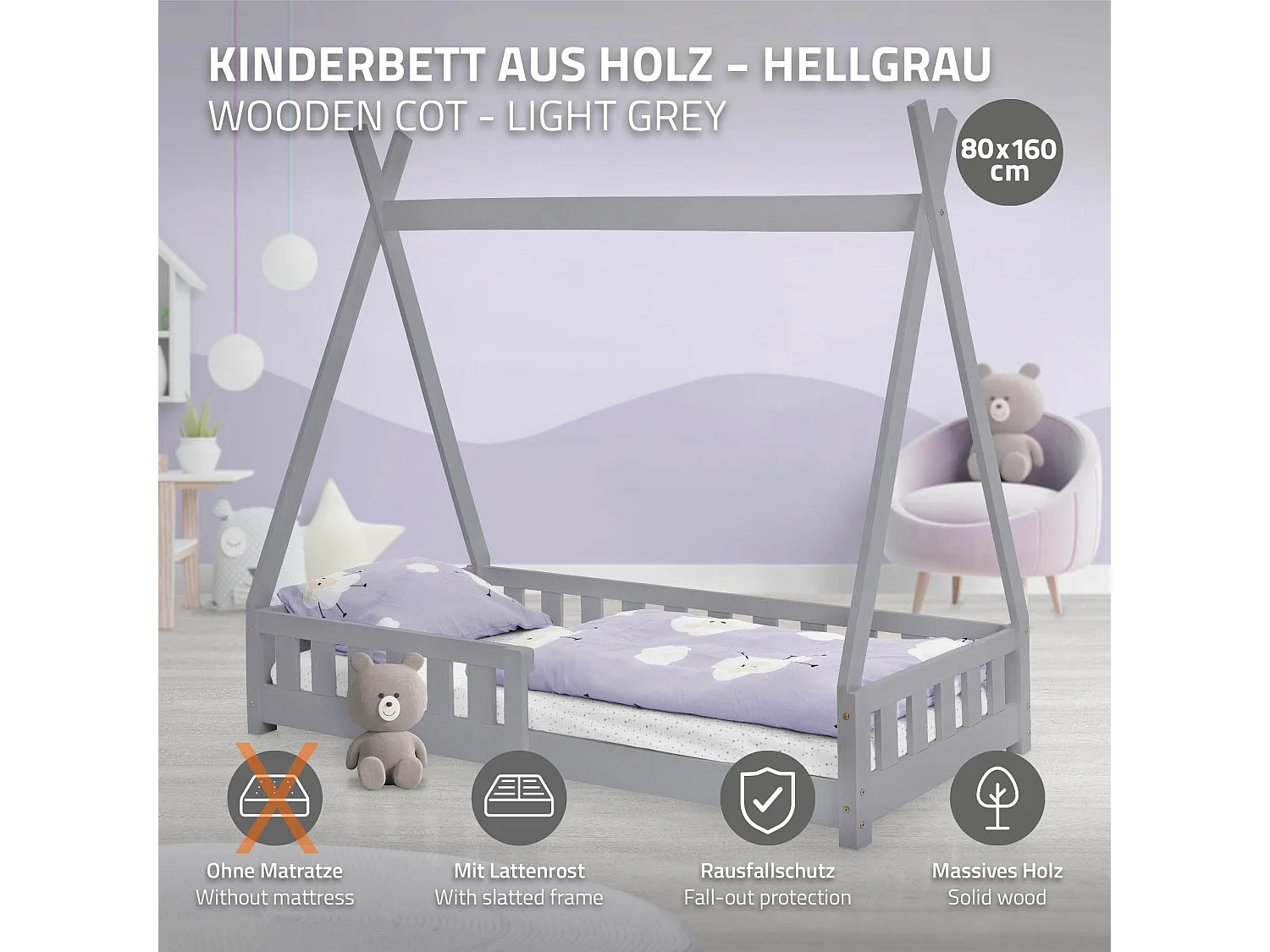 ML-Design Cama infantil tipi 80x160cm color gris claro con protección anticaída y somier mobiliario con estructura de listones madera de pino maciza