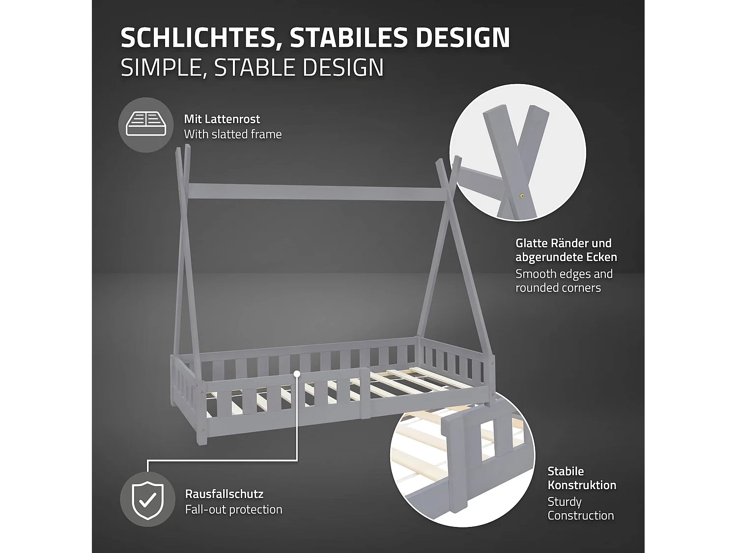 ML-Design Cama infantil tipi 80x160cm color gris claro con protección anticaída y somier mobiliario con estructura de listones madera de pino maciza
