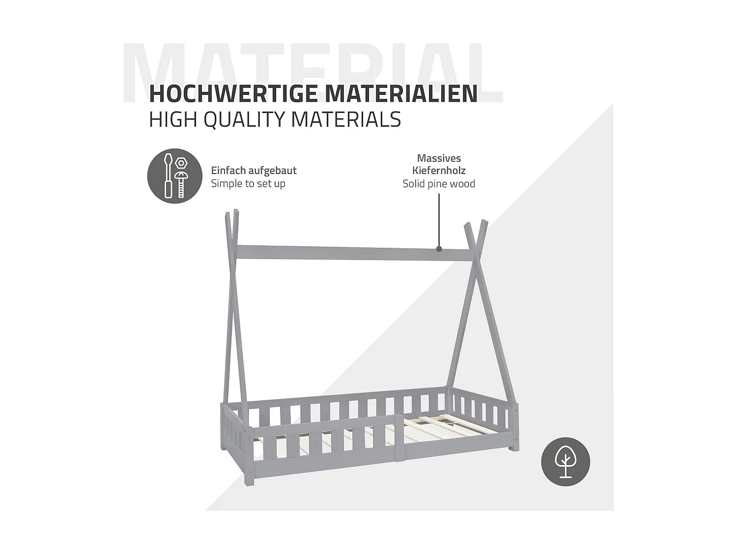 ML-Design Cama infantil tipi 80x160cm color gris claro con protección anticaída y somier mobiliario con estructura de listones madera de pino maciza