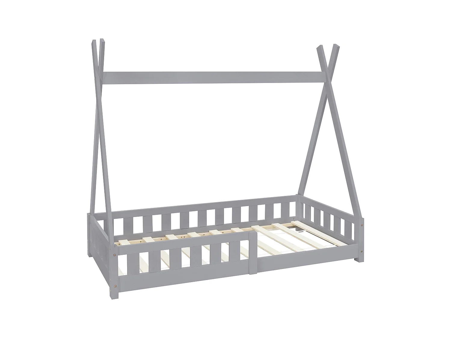 Lit d'enfants Tipi 80x160cm gris clair style maison avec clôture et sommier à lattes grille de sécurité en bois de pin tente indien jeu filles/garçons