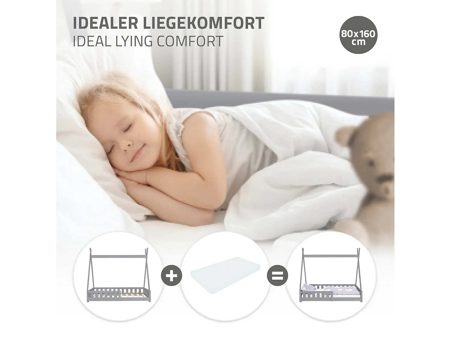 ML-Design Lettino tepee per bambini 80x 160 cm con sponde, letto tenda indiana da gioco in legno di pino massiccio grigio per cameretta bimbi