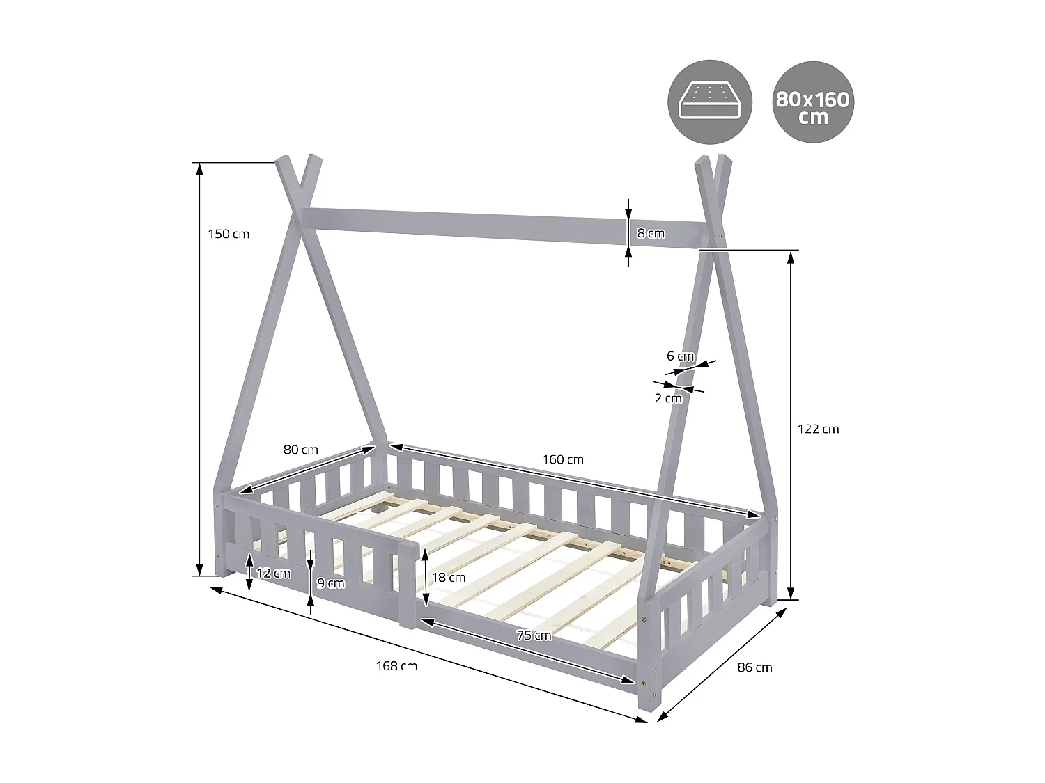 ML-Design Lettino tepee per bambini 80x 160 cm con sponde, letto tenda indiana da gioco in legno di pino massiccio grigio per cameretta bimbi
