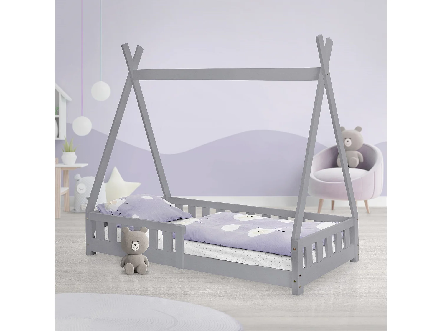 ML-Design Lettino tepee per bambini 80x 160 cm con sponde, letto tenda indiana da gioco in legno di pino massiccio grigio per cameretta bimbi