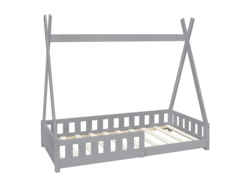 Lit d'enfants Tipi 80x160cm gris clair style maison avec clôture et sommier à lattes grille de sécurité en bois de pin tente indien jeu filles/garçons
