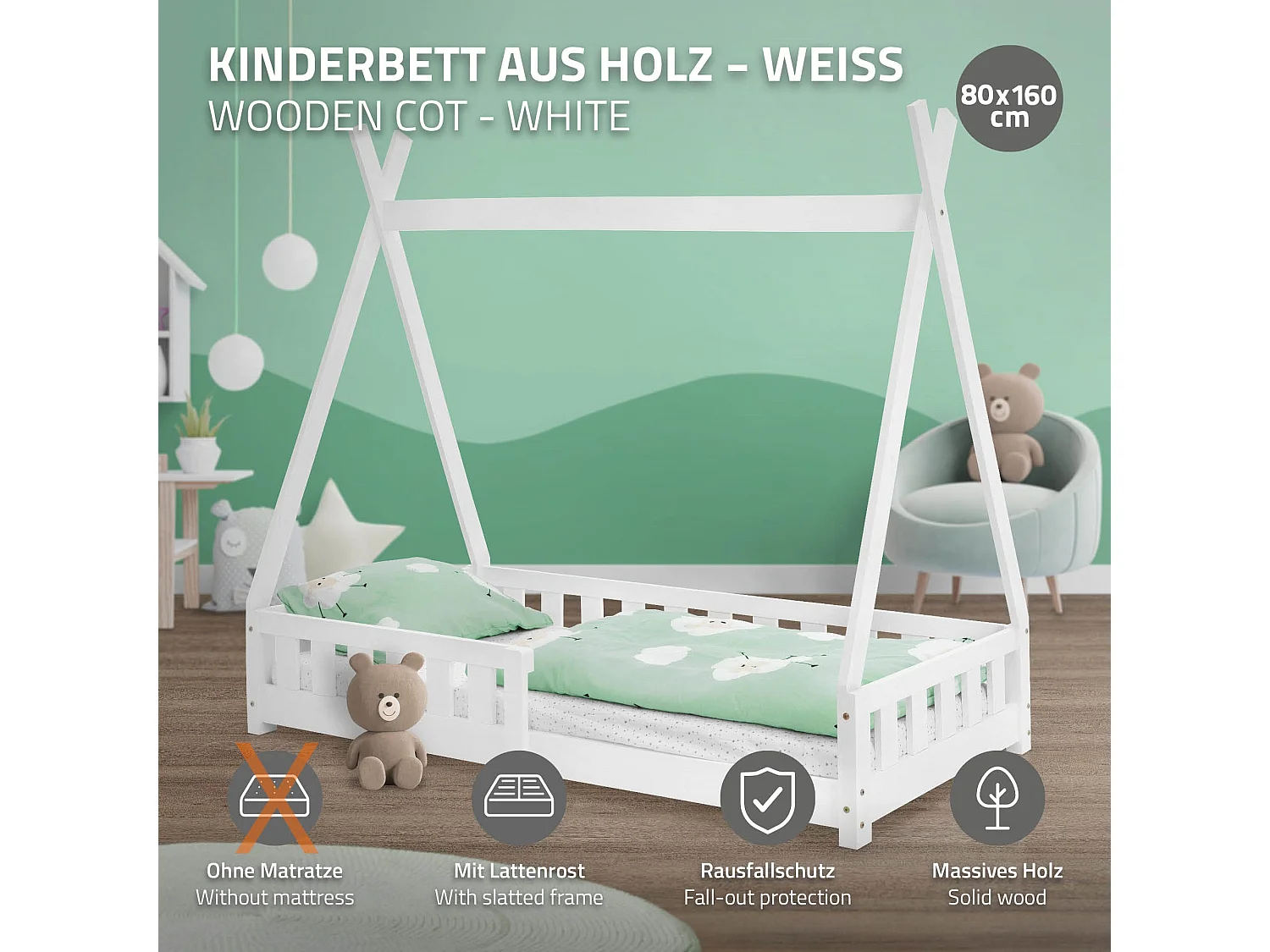 ML-Design Cama infantil tipi 80x160cm color blanco con protección anticaída y somier mobiliario con estructura de listones madera de pino maciza