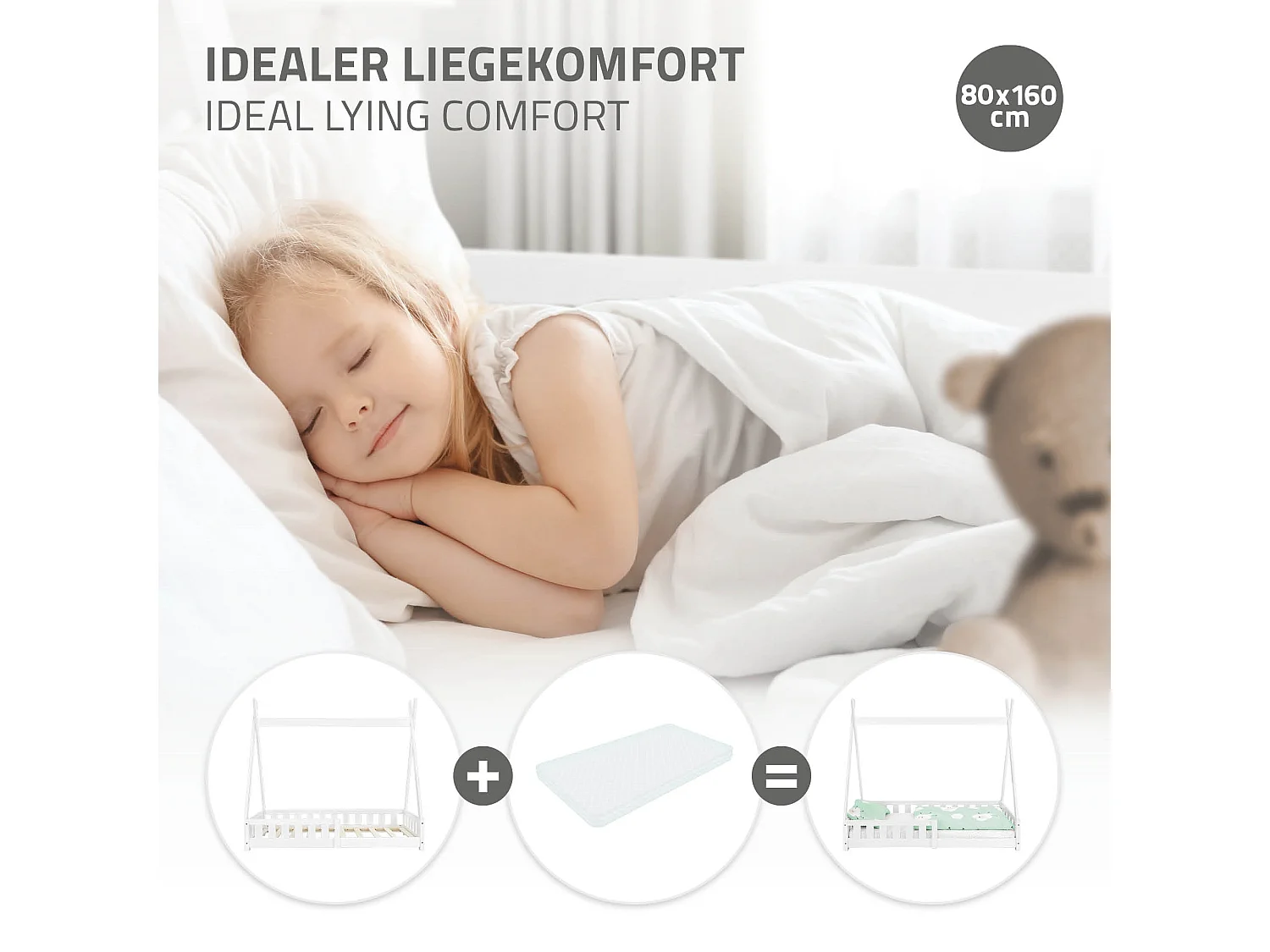 ML-Design Cama infantil tipi 80x160cm color blanco con protección anticaída y somier mobiliario con estructura de listones madera de pino maciza