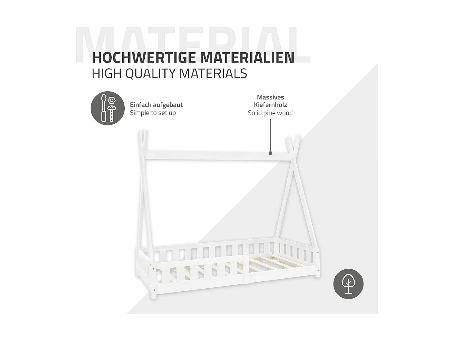 ML-Design Cama infantil tipi 80x160cm color blanco con protección anticaída y somier mobiliario con estructura de listones madera de pino maciza