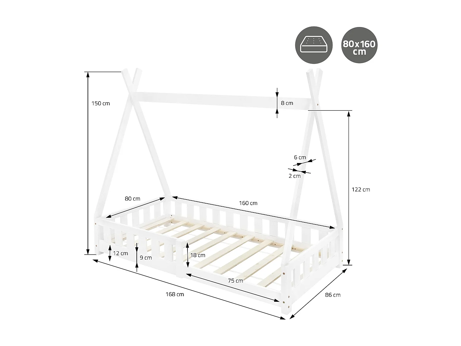 ML-Design Cama infantil tipi 80x160cm color blanco con protección anticaída y somier mobiliario con estructura de listones madera de pino maciza