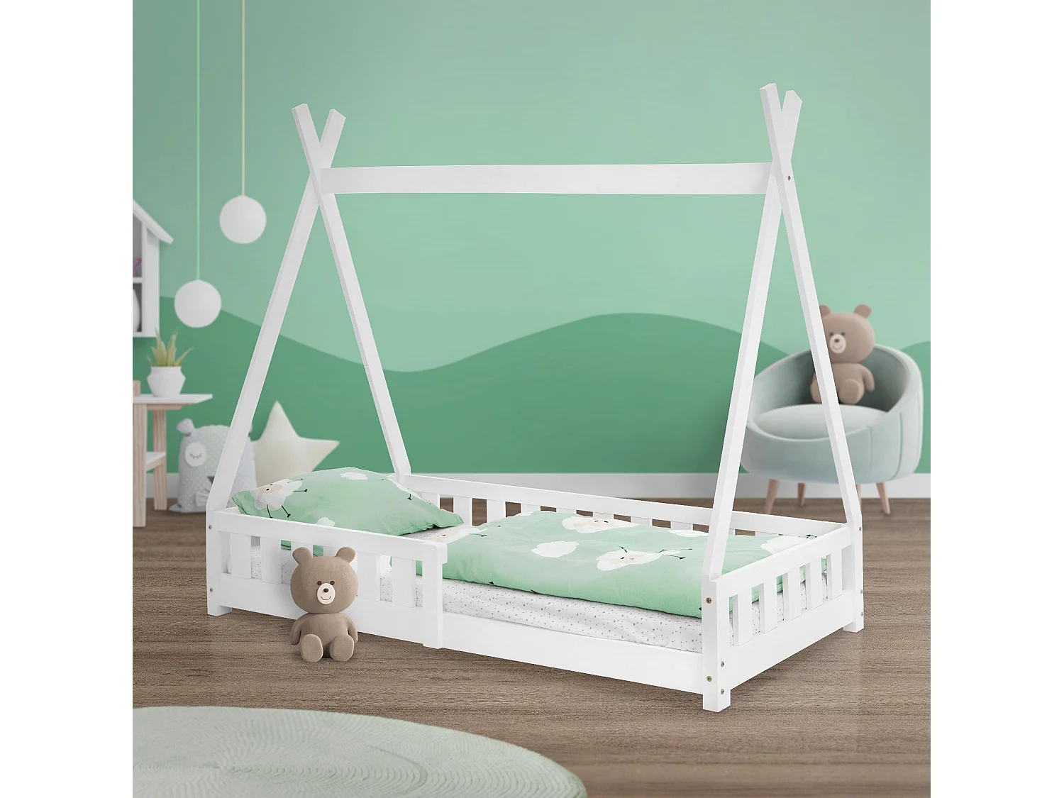 ML-Design Cama infantil tipi 80x160cm color blanco con protección anticaída y somier mobiliario con estructura de listones madera de pino maciza