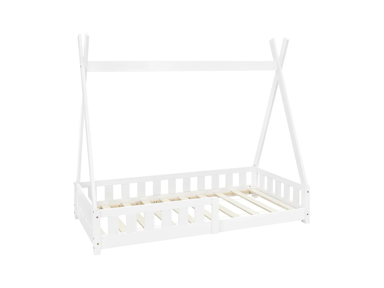 Lit d'enfants Tipi 80x160 cm blanc style maison avec clôture et sommier à lattes grille de sécurité en bois de pin tente indien de jeu filles/garçons