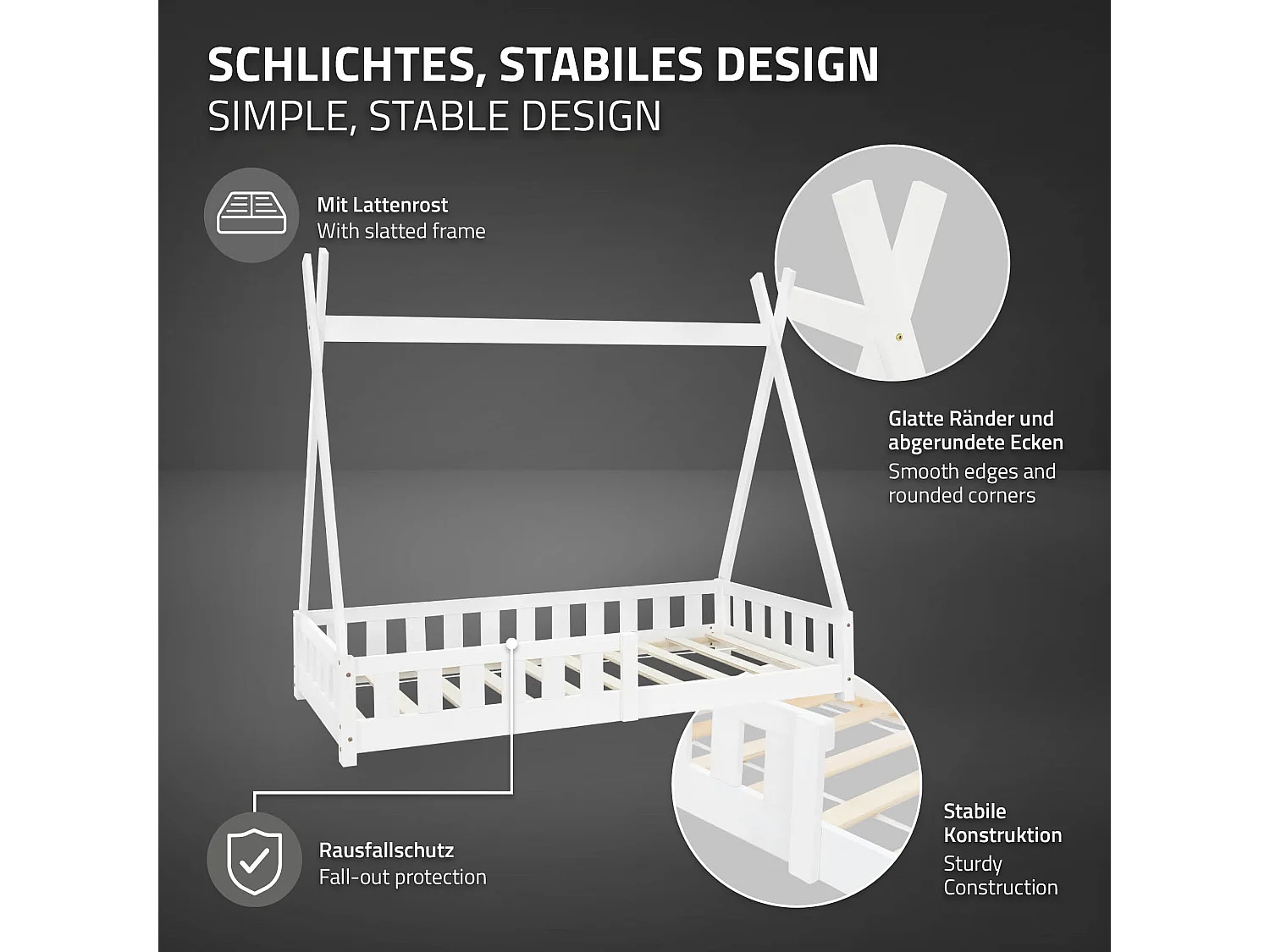 Lit d'enfants Tipi 80x160 cm blanc style maison avec clôture et sommier à lattes grille de sécurité en bois de pin tente indien de jeu filles/garçons