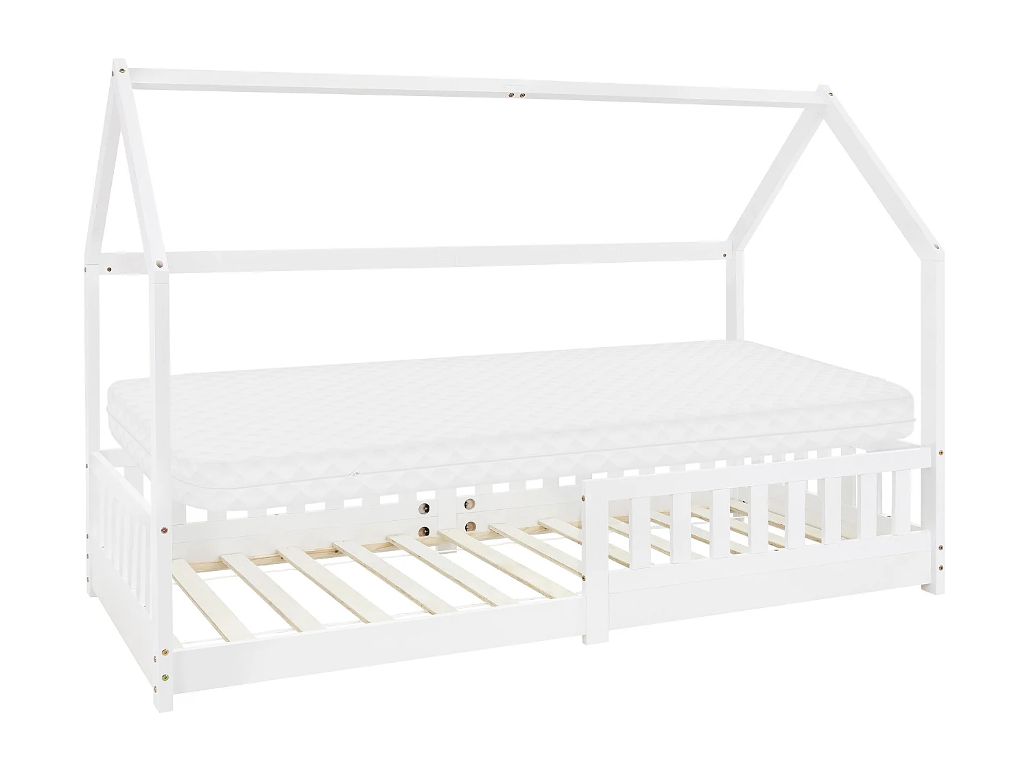 Lit d'enfants 90x200 cm blanc style maison en bois de pin massif avec matelas H:10cm housse amovible sommier protection anti-chute pour filles garçons