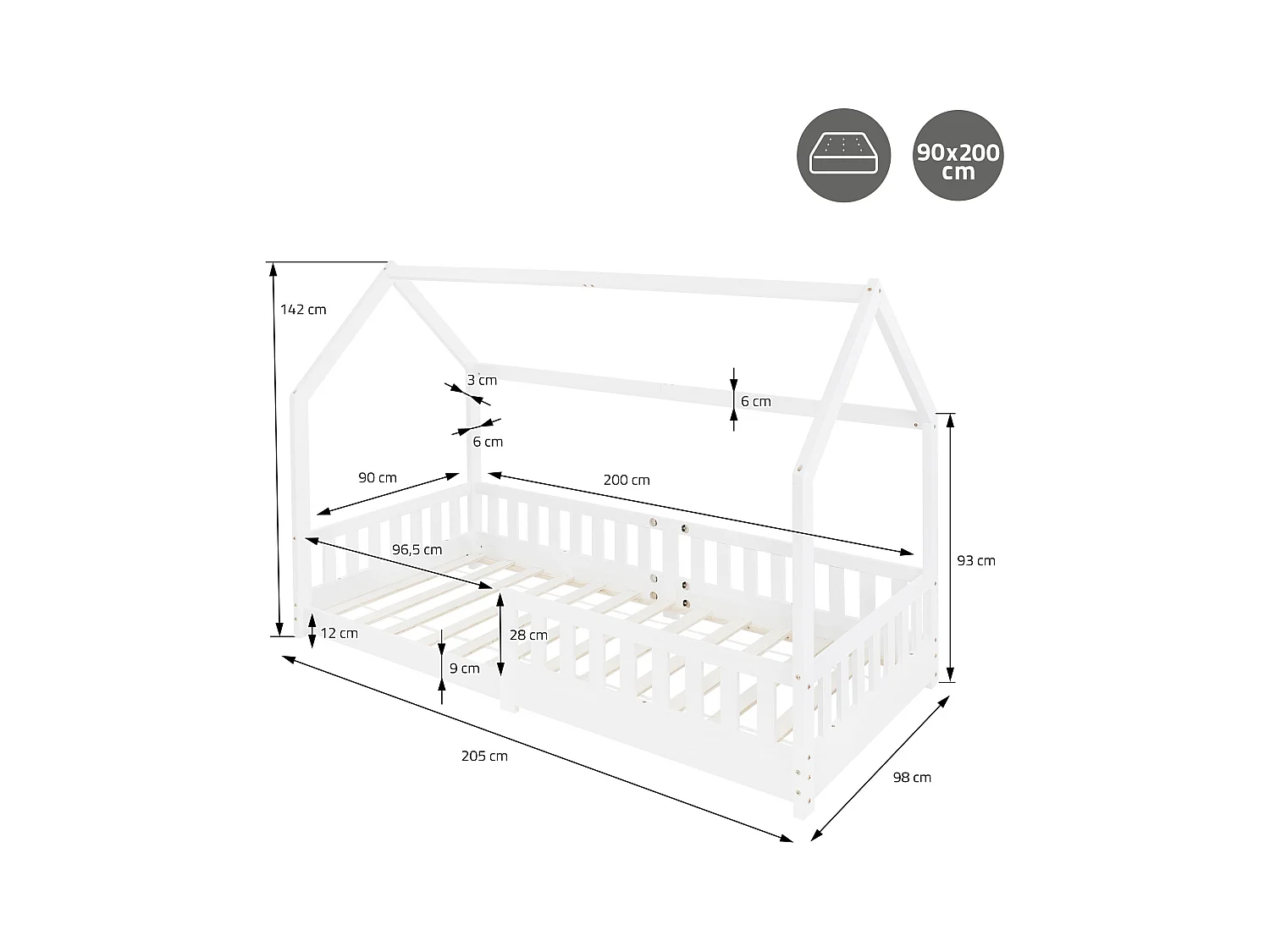Lit d'enfants 90x200 cm blanc style maison en bois de pin massif avec matelas H:10cm housse amovible sommier protection anti-chute pour filles garçons