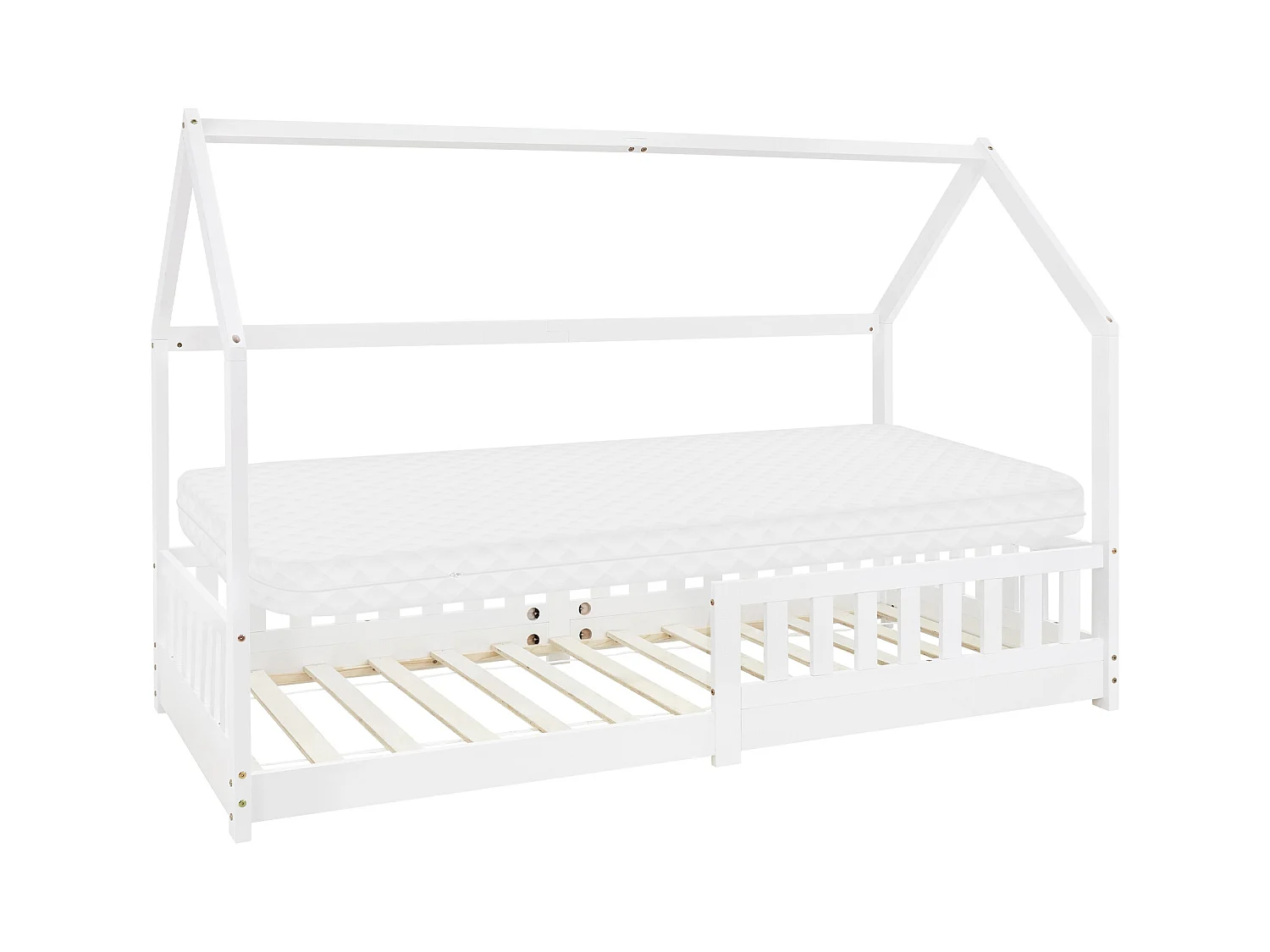 Lit d'enfants 90x200 cm blanc style maison en bois de pin massif avec matelas H:10cm housse amovible sommier protection anti-chute pour filles garçons