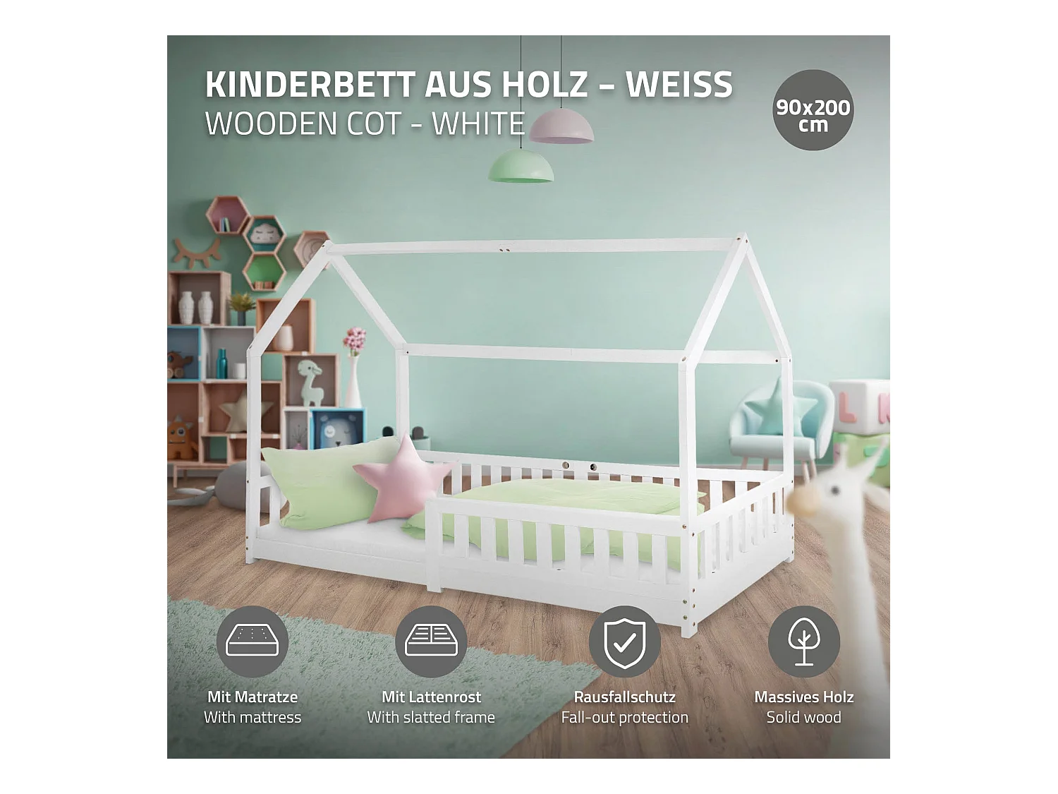 Lit d'enfants 90x200 cm blanc style maison en bois de pin massif avec matelas H:10cm housse amovible sommier protection anti-chute pour filles garçons
