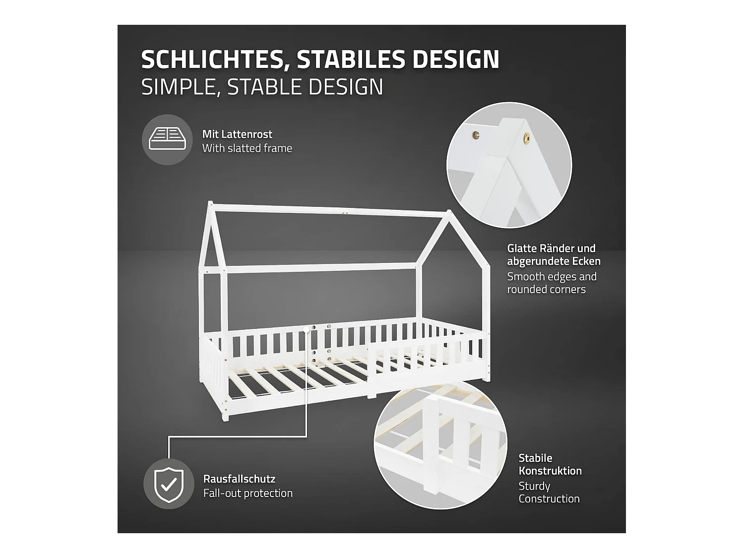 Lit d'enfants 90x200 cm blanc style maison en bois de pin massif avec matelas H:10cm housse amovible sommier protection anti-chute pour filles garçons