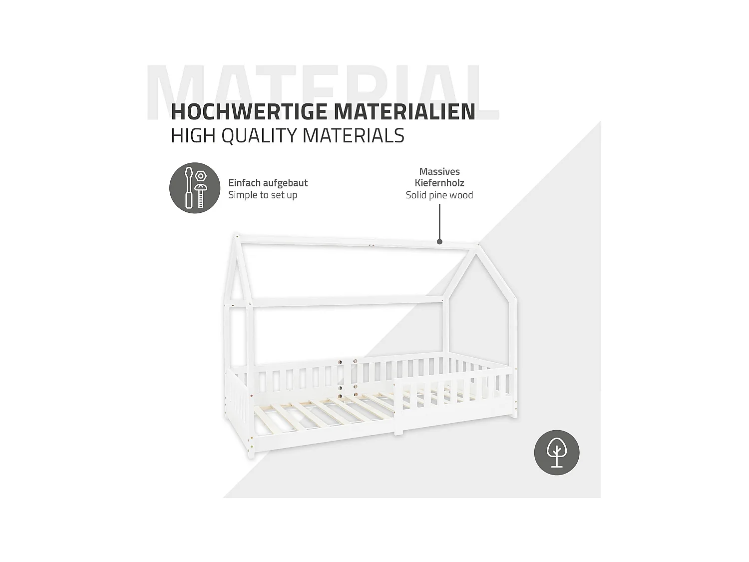 Lit d'enfants 90x200 cm blanc style maison en bois de pin massif avec matelas H:10cm housse amovible sommier protection anti-chute pour filles garçons