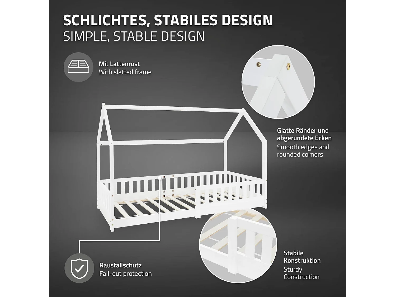 Lit d'enfants 90x200 cm blanc style maison en bois de pin massif avec matelas H:10cm housse amovible sommier protection anti-chute pour filles garçons