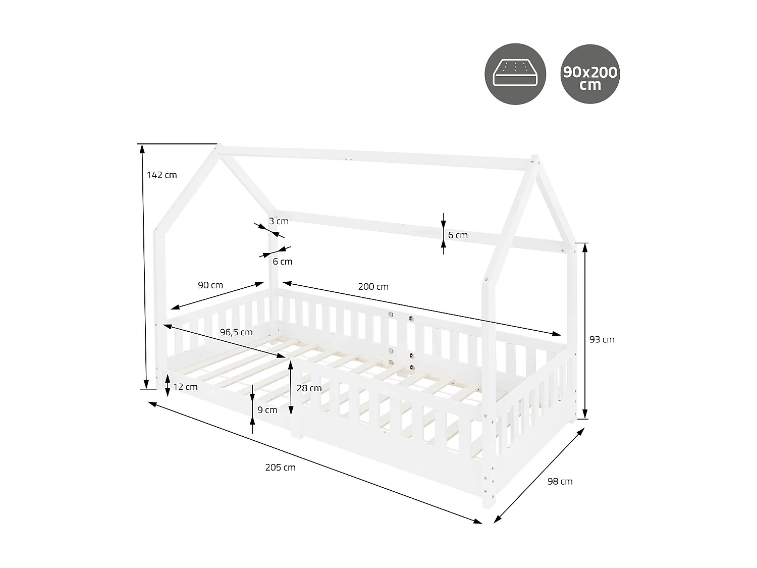 Lit d'enfants 90x200 cm blanc style maison en bois de pin massif avec matelas H:10cm housse amovible sommier protection anti-chute pour filles garçons