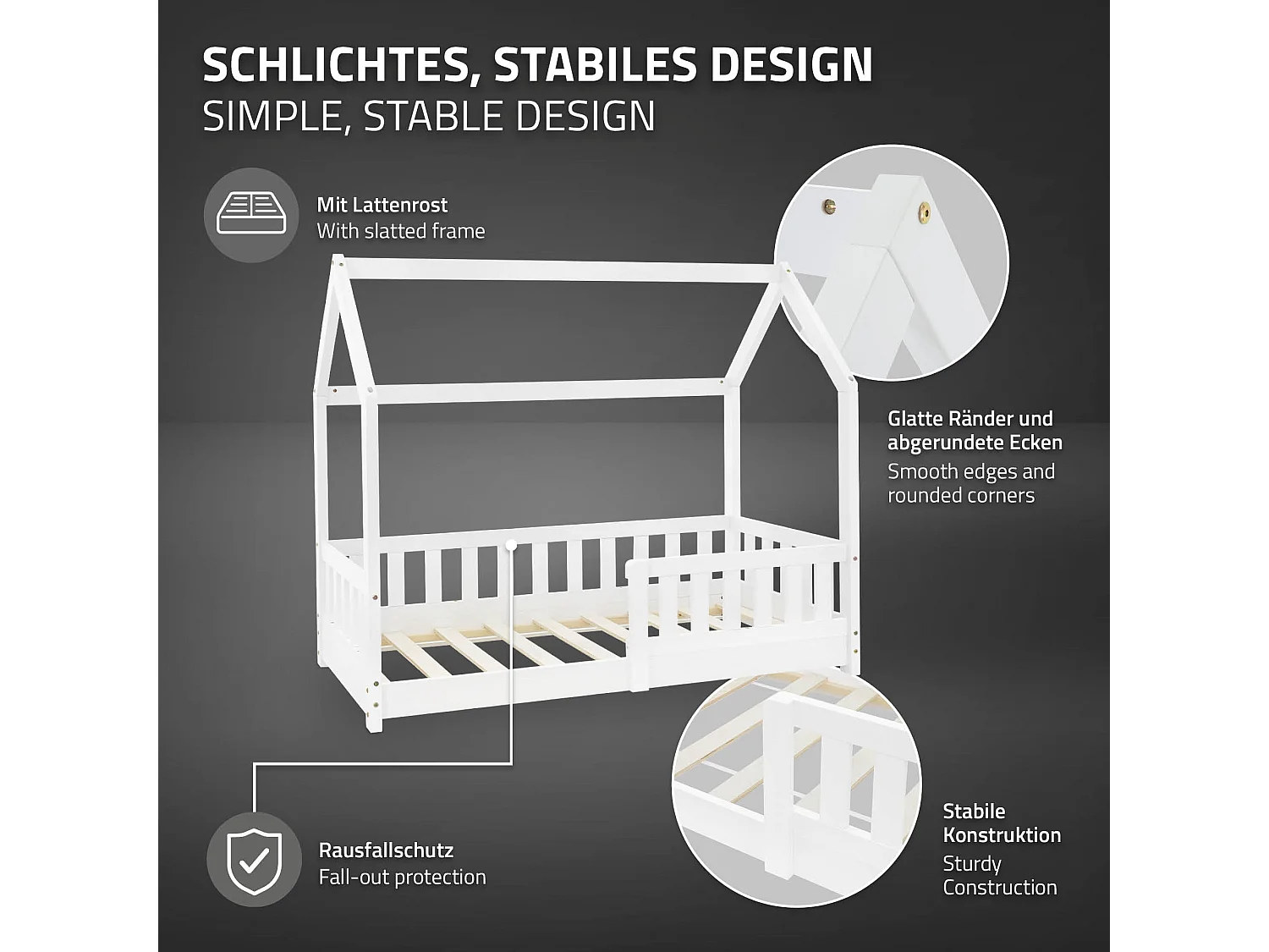 Lit d'enfants 70x140 cm blanc forme de maison en bois de pin massif avec matelas housse amovible sommier à lattes anti-chute pour filles garçons