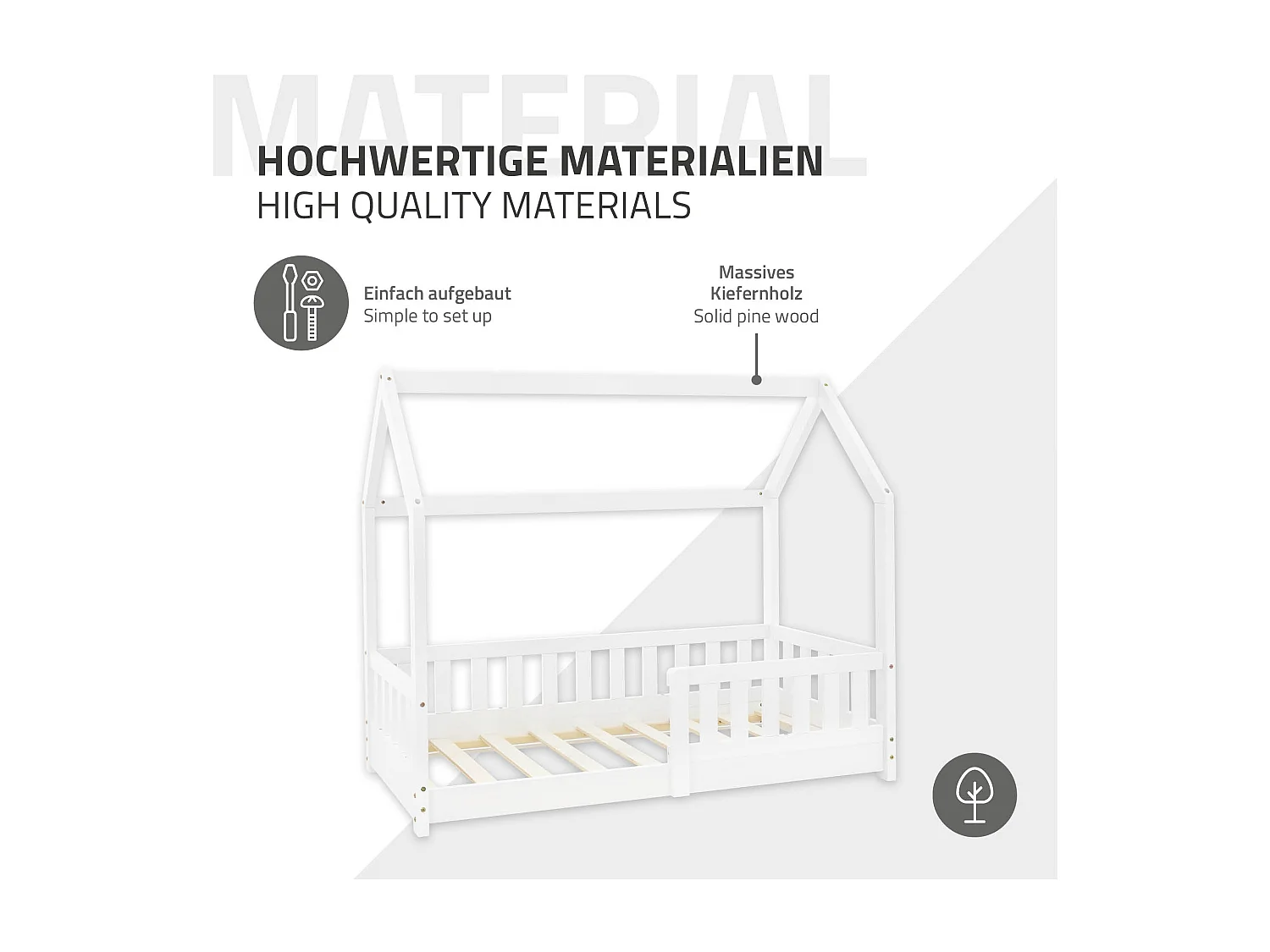 Lit d'enfants 70x140 cm blanc forme de maison en bois de pin massif avec matelas housse amovible sommier à lattes anti-chute pour filles garçons